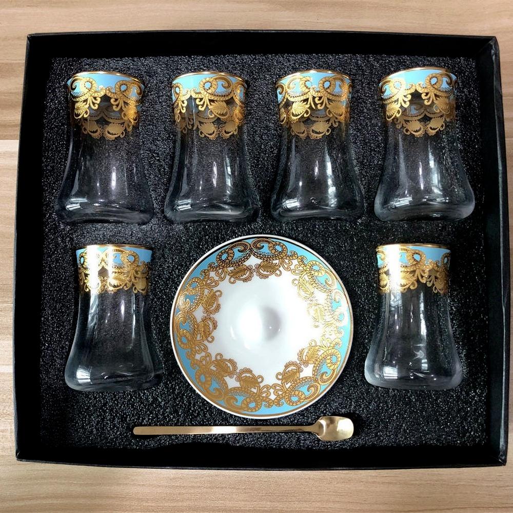 6 Ensembles Tasses à Thé Turques Tasses Ensemble Soucoupes avec Cuillère Tasse à Café Romantique Exotique Tasse à Thé en Verre Décoration de Cuisine Boîte Cadeau