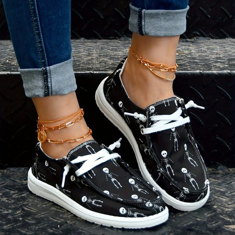 Women's Skeleton Men Print Shoes, Slip On Round Toe Low-top Non-slip Lightweight Canvas Shoes, Halloween Comfy Daily Shoes