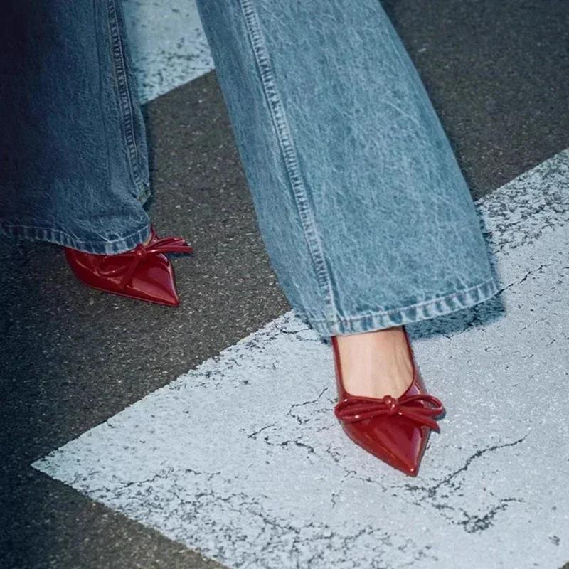 Fashion Luxury Designer Red Bow High Heels Women Summer Sexy Pointed Toe Patent Leather Women Pumps Elegant Slingback Heeled Sandals