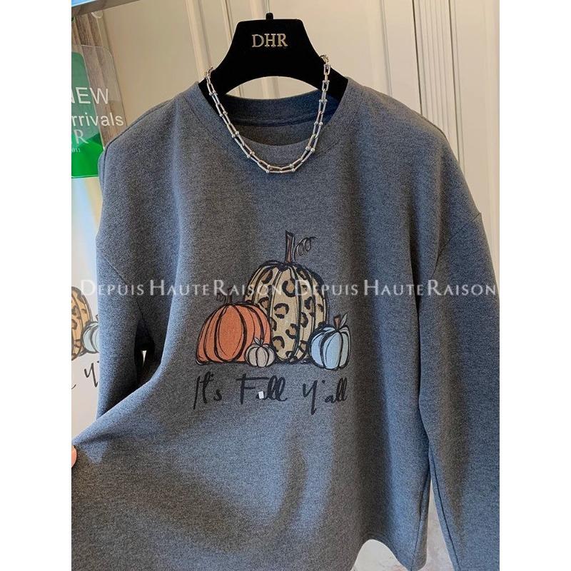 

Fashionable Retro Pumpkin Print Brushed Bottoming T-shirt Autumn and Winter New Loose and Versatile Top L темно-сірий колір