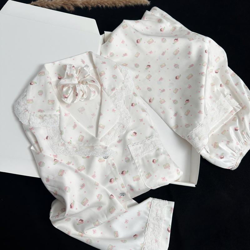 

Yase Peach Pink Bear Ice Silk Pajamas - Cartoon Bear Print, Long Sleeve, Spring/Autumn Homewear L
