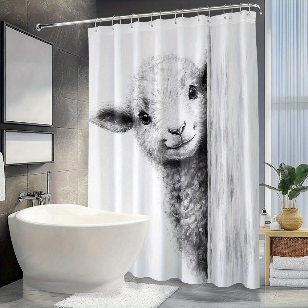 Adorable Lamb Shower Curtain - Cute Fluffy Sheep Peeking, Monochrome Style, Washable Polyester, Bathroom or Garden Decor