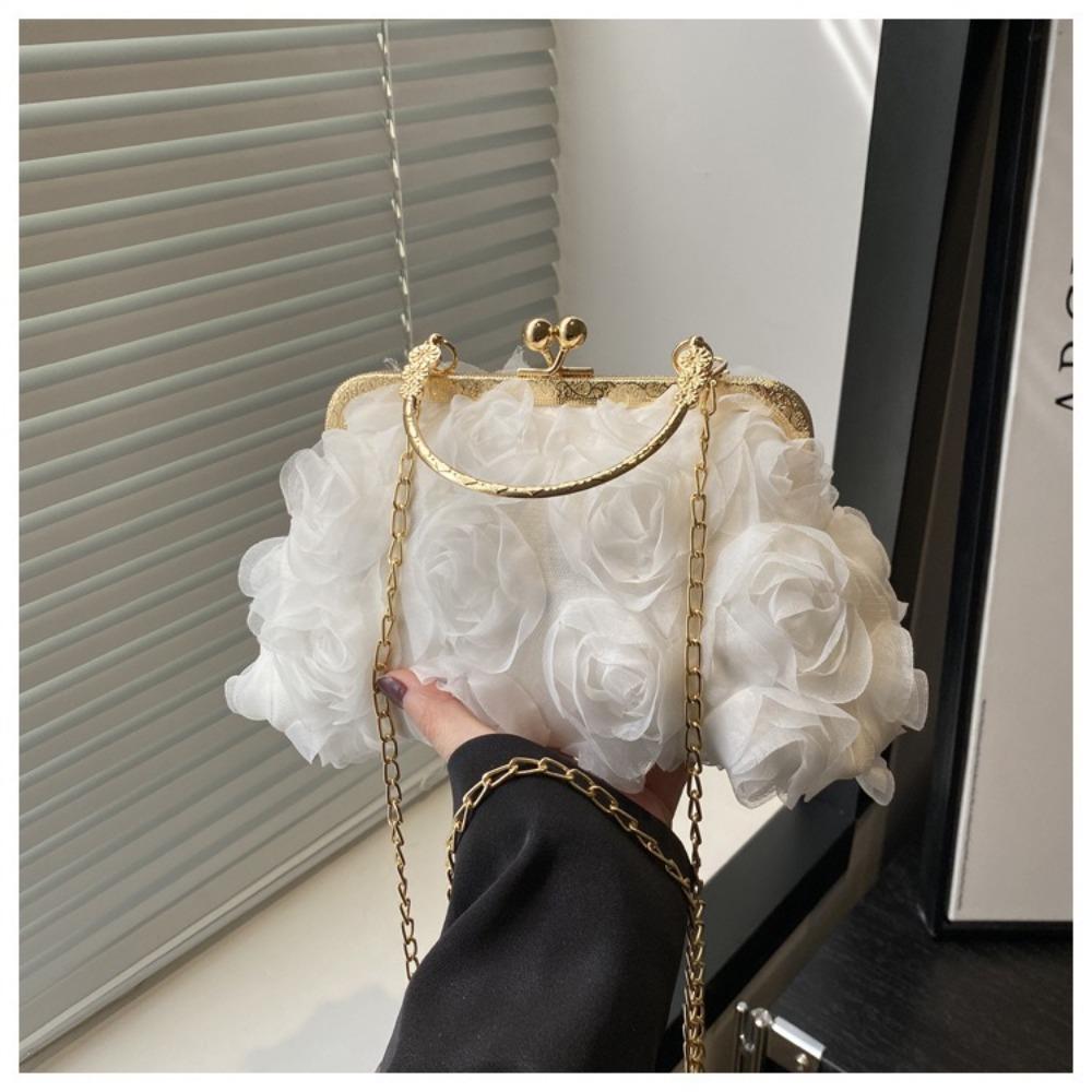 Luxury Polyester Fiber Evening Bags Chiffon 3D Flower Banquet Bag Chain Clutch Handbag Women Crossbody Bag