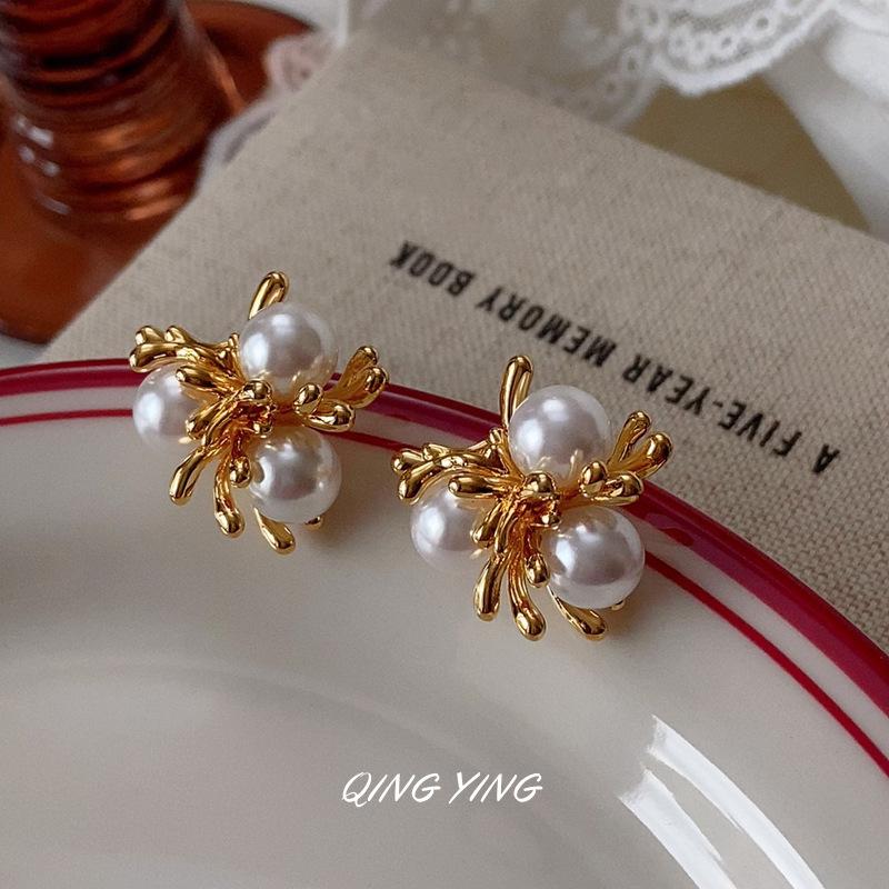 

French light luxury firework glass pearl earrings SZinc Alloy genuine Zinc Alloy needle versatile and simple style earrings