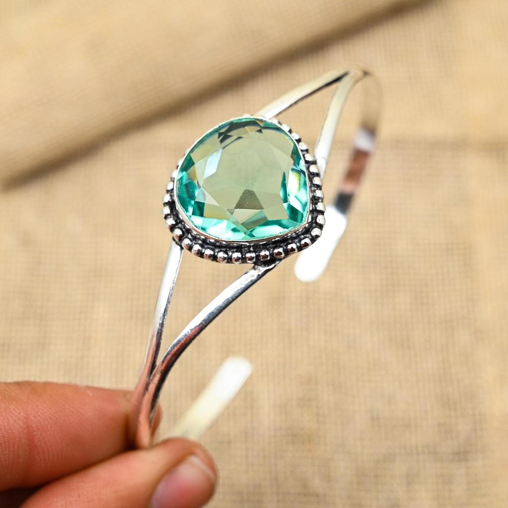 Aqua Apatite Gemstone Handmade 925 Solid Sterling Silver Jewelry Cuff For Wedding Gift