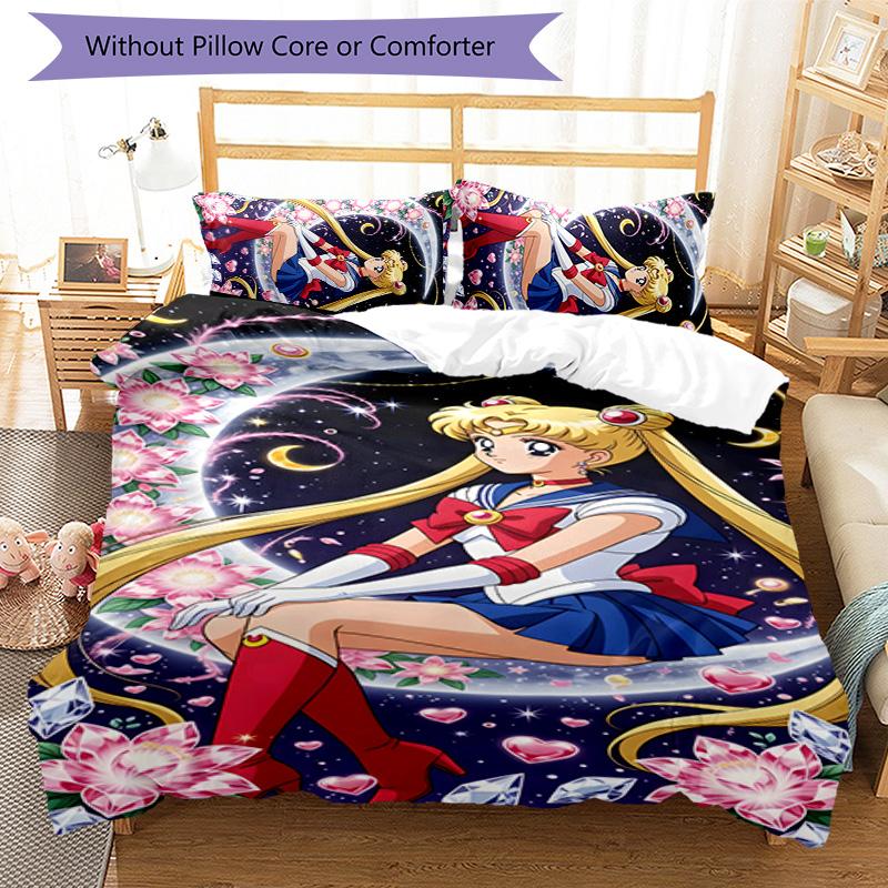 3-teiliges Sailor Moon Design Bettwäsche-Set - HD-bedruckte Bettwäsche mit 1 Bettbezug und 2 Kissenbezügen - Perfekt für die Heim- und Wohnheimdekoration