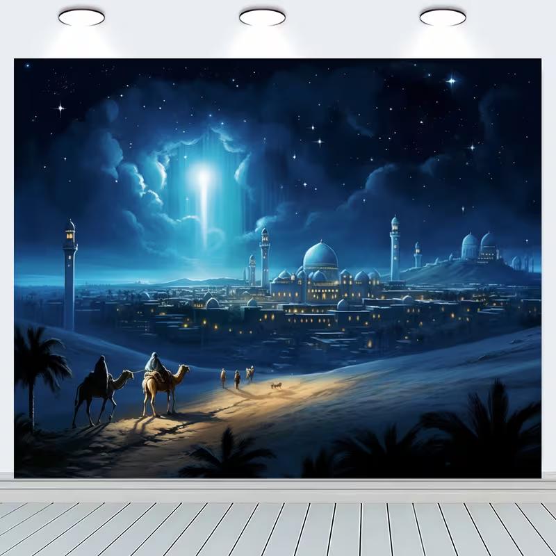 2D Flat Printing Nativity Backdrop, Three Kings & Bethlehem Background Cloth