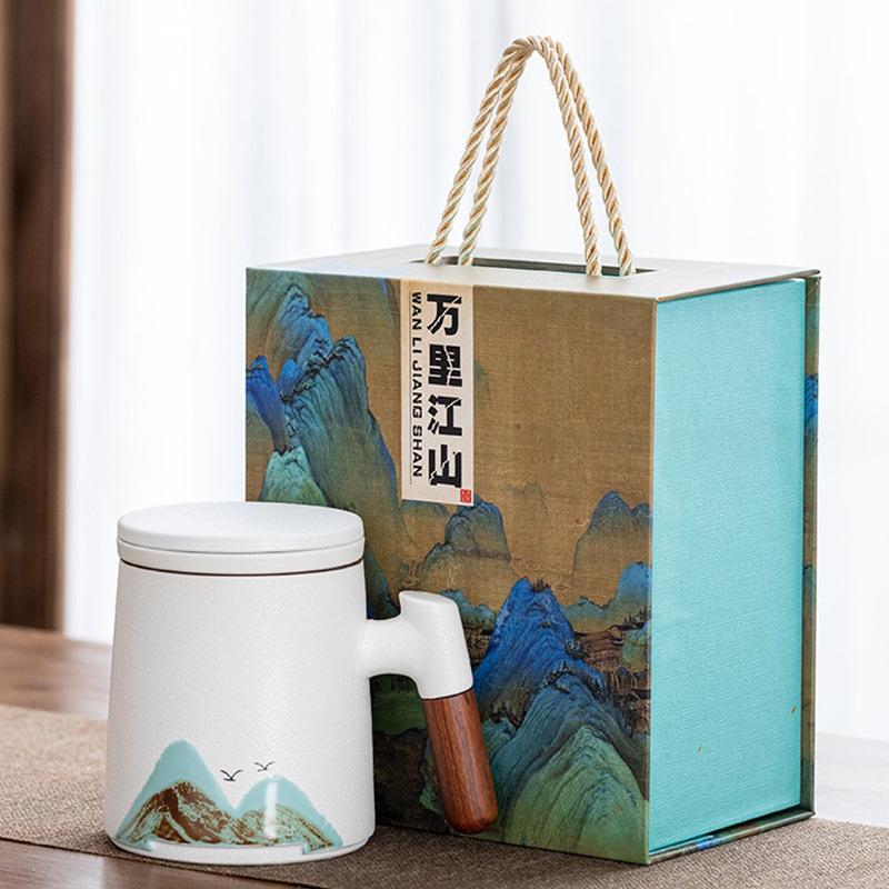 Guochao Holzgriff Yuanshan Keramiktasse mit Deckel Qianli Weißporzellan Jiangshan Büro Tee- und Wasserseparation Geschäftsgeschenk