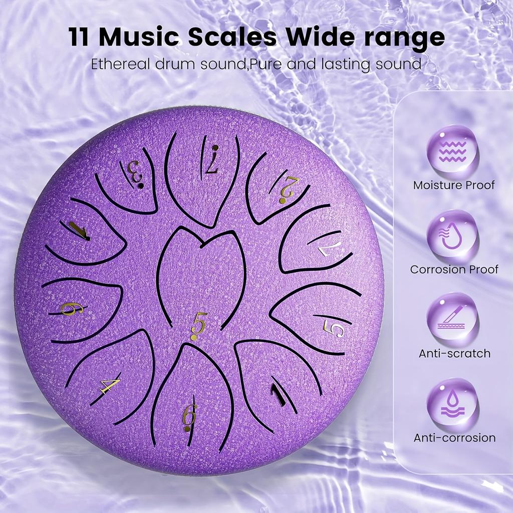 [Tamburo Chakra con Mazze] 6 Pollici (15,2 centimetri) Tamburo a Lingua d'Acciaio a 11 Note Chakra con Borsa, Strumento Musicale per Adulti, Include Bacchette&Libro di Musica