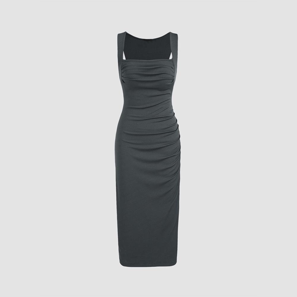 2024 Elegant European & American Ribbed Knitted Pleated Waist Slimming Long Dress