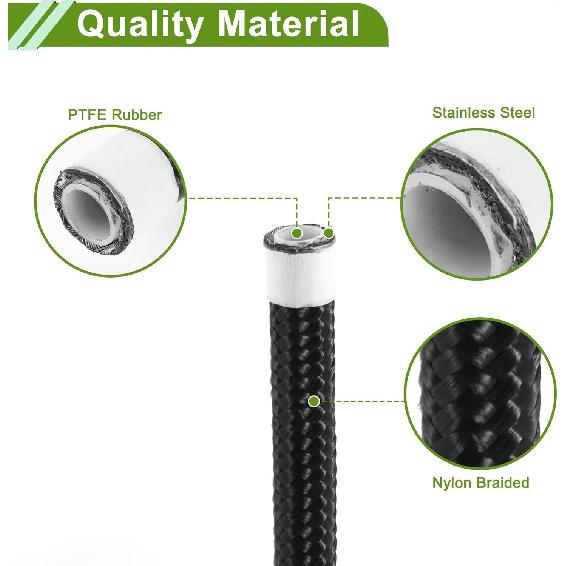 AN6 Fuel Line Hose Black 8ft Vacuum Hose Automotive Fuel Hose 8ft 1/3"ID 4/9"OD PTFE Rubber,Stainless Steel,Nylon Braided 1 Pcs AN6