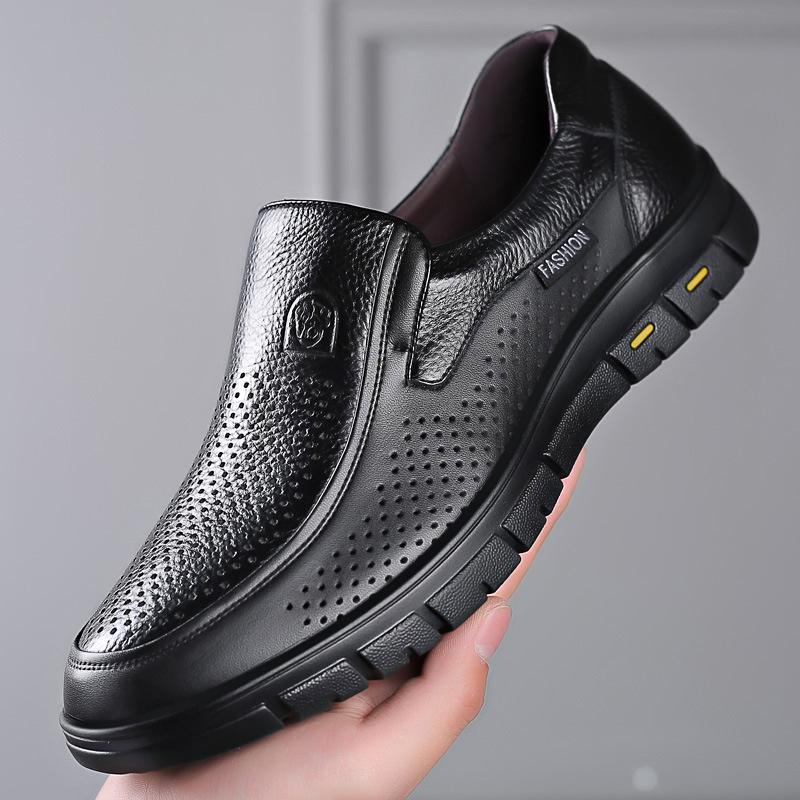 Pánské letní sandály z pravé kůže s měkkou podrážkou - Prodyšný, dutý design, plusové velikosti pro střední věk a seniory.