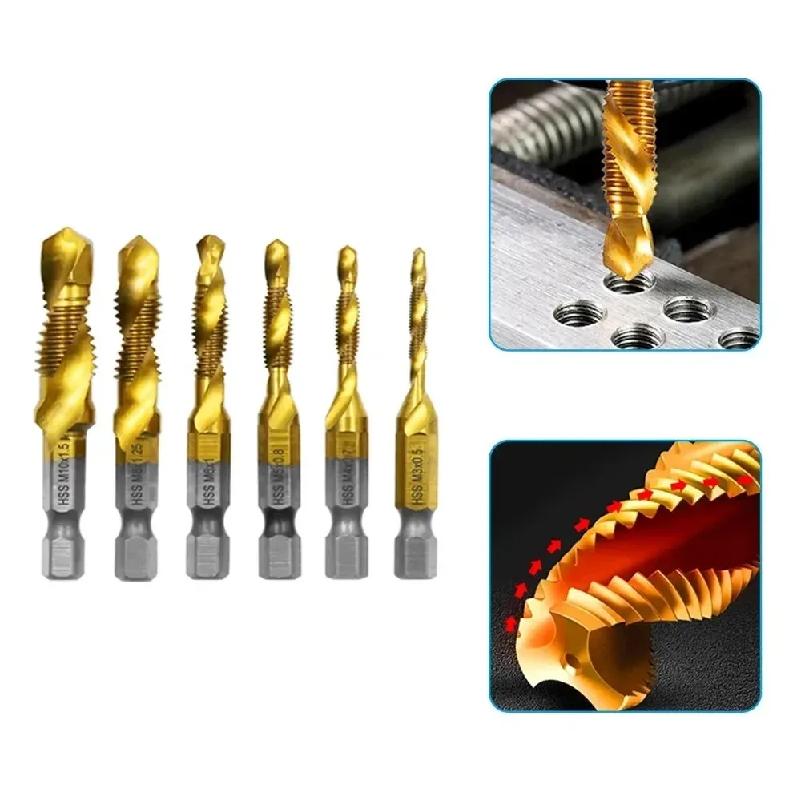 6pcs Multi Functional HSS Drilling Tapping Integrated Spiral Tap Hand-held Electric Drill Tap Tool Chamfer Machine Composite Tap
