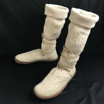 Warm Wool Knit Long Boots [24.5/Women/Ivory] Cable Knit Crepe Sole(USED)