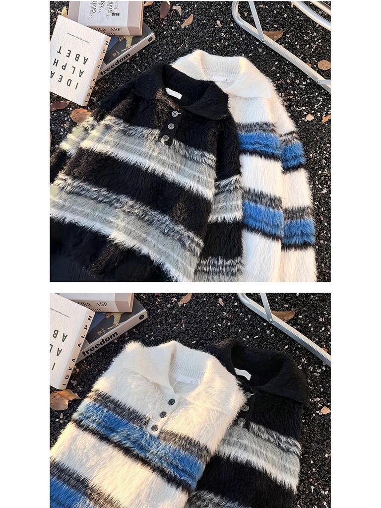 Unisex Striped Polo Collar Sweater - Trendy Autumn/Winter Knitwear for Men & Women