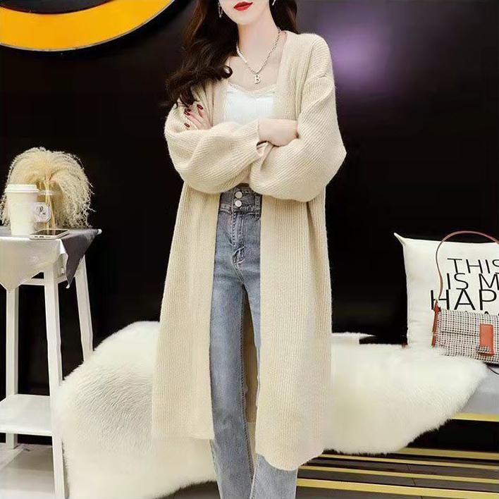 Mid-length Cardigan Sweater for Women's Autumn and Winter Wear Loose Large-sized Cardigan Long-sleeved Solid Color Knitted Coat