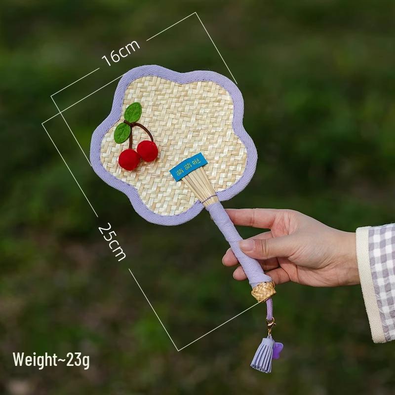 Cherry Handmade Mini Cattail Fan - Cute Cartoon Design, Portable Ancient Chinese Style for Summer