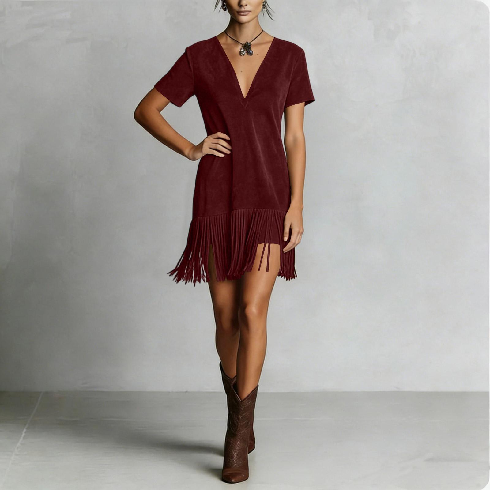Women s Fashion V-neck Color Short Sleeve Dress S винный