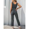 VEZFAA Women's Fashion Casual Summer Spring Solid Color Print Sleeveless V-Neck High Waist Trousers Jumpsuits & Rompers