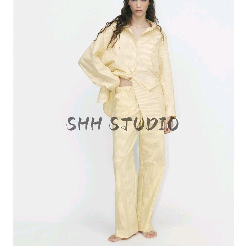 Spring New Women's Clothing French Style Stripes Pajamas Style Pants 4661411 Loose Poplin Shirt 2020458