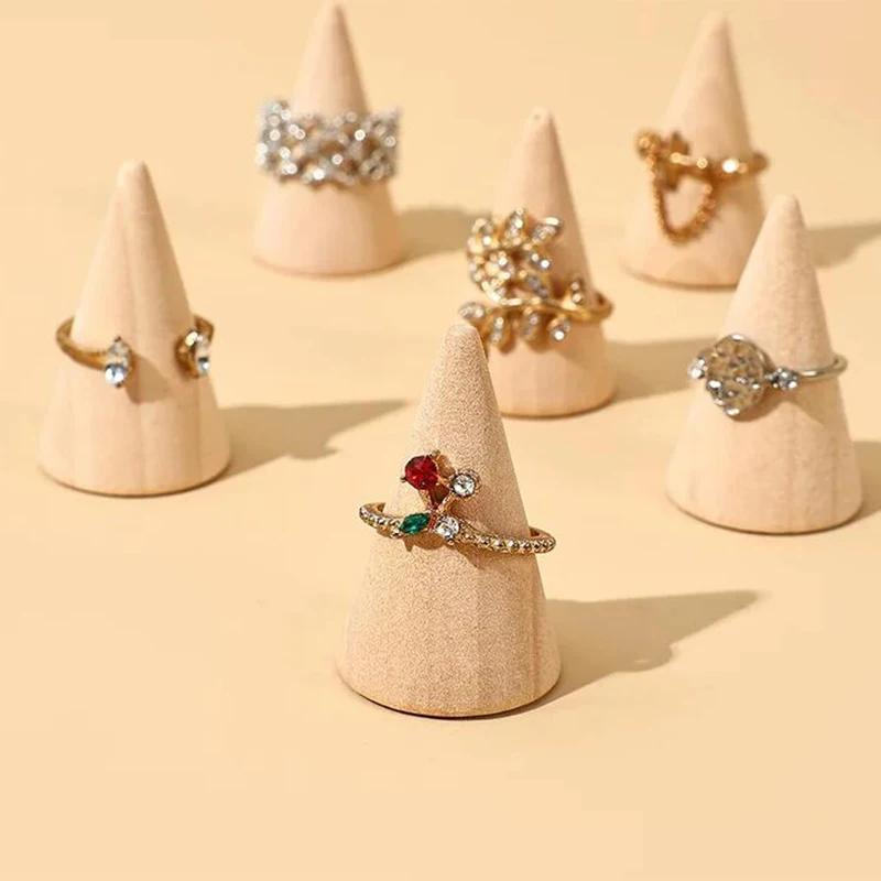Wood Cone Ring Display Holder Jewelry Display Stand Ring Showcase Storage Tray for Counter Shows Base Shop Decor Display Rack