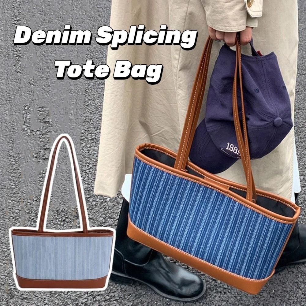Handbag Denim Splicing Tote Bag Large Capacity Ins Square Tote Bag Simple Shoulder Bag  Travel