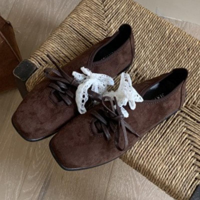Fashion High Quality Faux Suede Flats Women Retro Square Toe Lace Up Bow Designer Shoes Comfortable Soft Sole Loafers Sandalias De Mujer