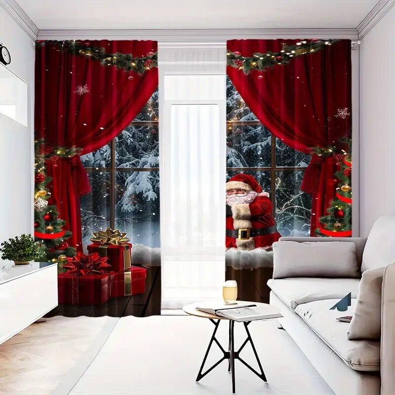 2pcs - Christmas Style Santa Claus Pattern Printed Curtains   Through-bar Curtains   Home Decoration   Room Decoration