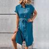 Summer Women's Dress Solid Color Lace Up Turn Down Collar Single Breasted Split Design