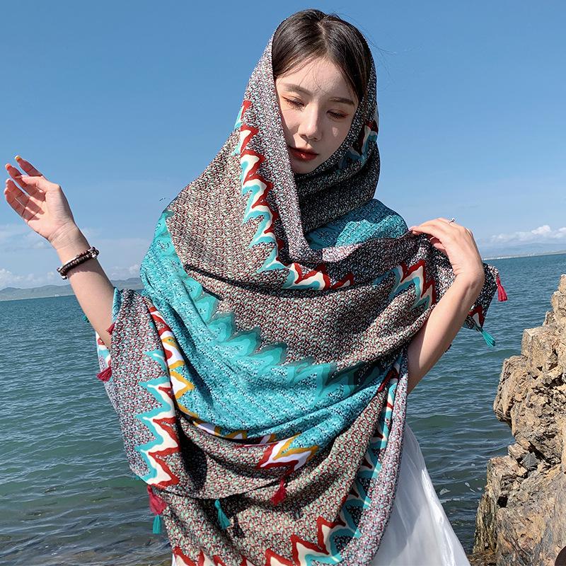 Ethnischer Damenschal: Tibet Reisefotografie, Dünne Baumwolle & Leinen, Sonnenschutz für die Wüste Dunhuang, Seidenschal, Strandtuch