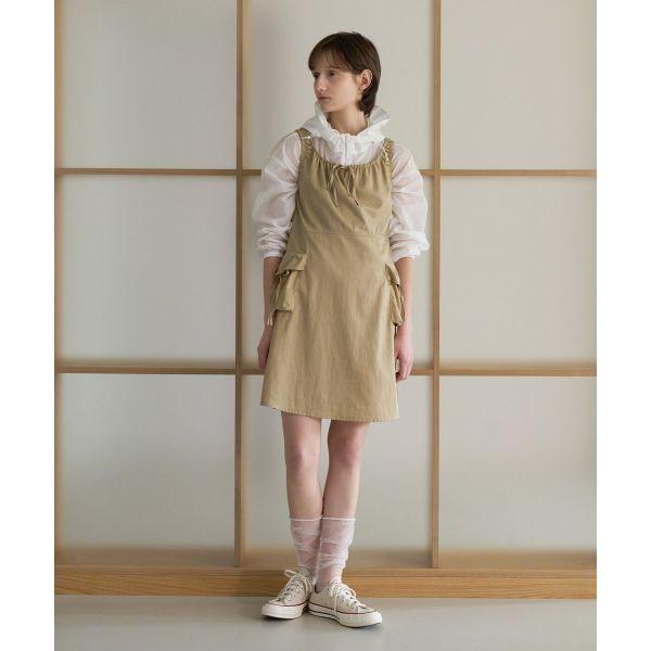 Covernat Early Autumn Pleated Solid Color Casual Simple Large Pocket Sleeveless Dress Women dress Beige CO2502OP74BE