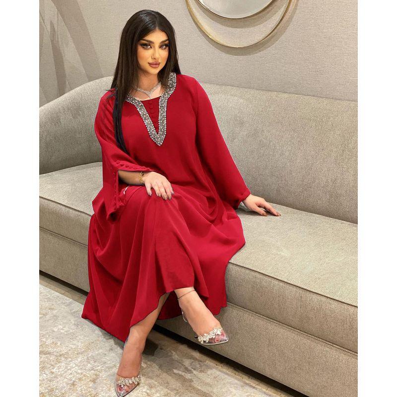 Cross-Border Amazon Indonesia Middle East Hot Selling Female Fashion Plus Size Handmade Beaded Hot Drilling Long Dress Dress