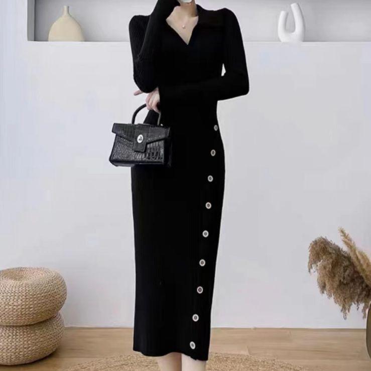 

Осенне-зимнее трикотажное платье с лацканами, облегающее, длиной до колена, трикотажное платье с пальто внутри, 4 цвета ONE SIZE чёрный