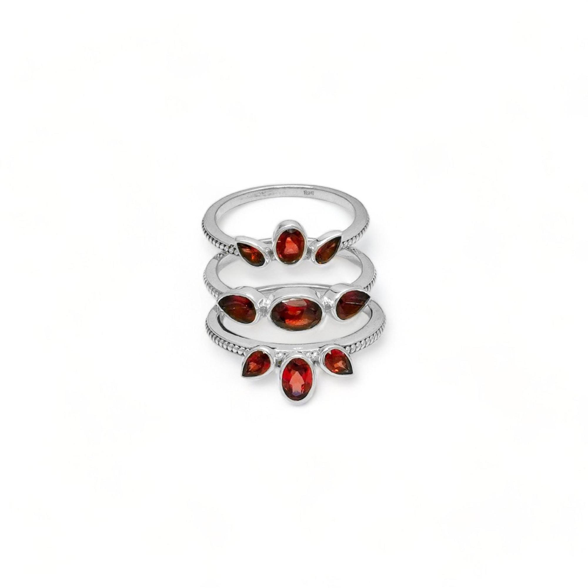

925 Sterling Silver Garnet Stackable Ring Set – 3 in 1 Layered Rings for Women – Boho Minimalist Red Gemstone Jewelry US 12.5