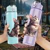 1PC Fluffy Grey Kitten 750ml Color Plastic Sports Water Bottle Leakproof Flip Straw Lid Suitable for Sports Office Home Use