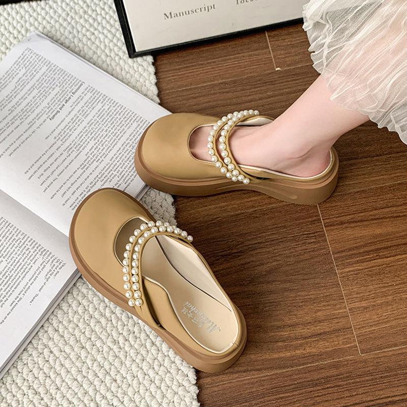 Pärlfranska Mary Jane-skor med tjocksula och en rem, halvtofflor för kvinnor för vår och sommar, ytterkläder 2025 nya coola tofflor