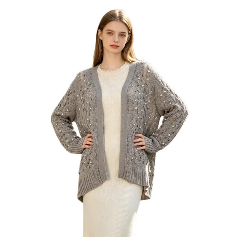 Womens Loose Knit Cardigan With Beaded Embellishment Hollow Twist Design Fall Casual Sweater