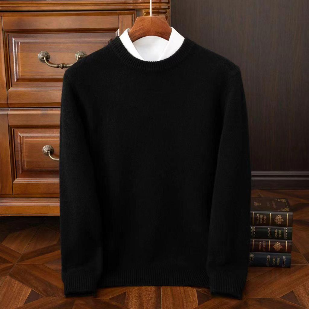 Men's Round Neck Pure Wool Pullover Sweater – Solid Color Knit Base Layer