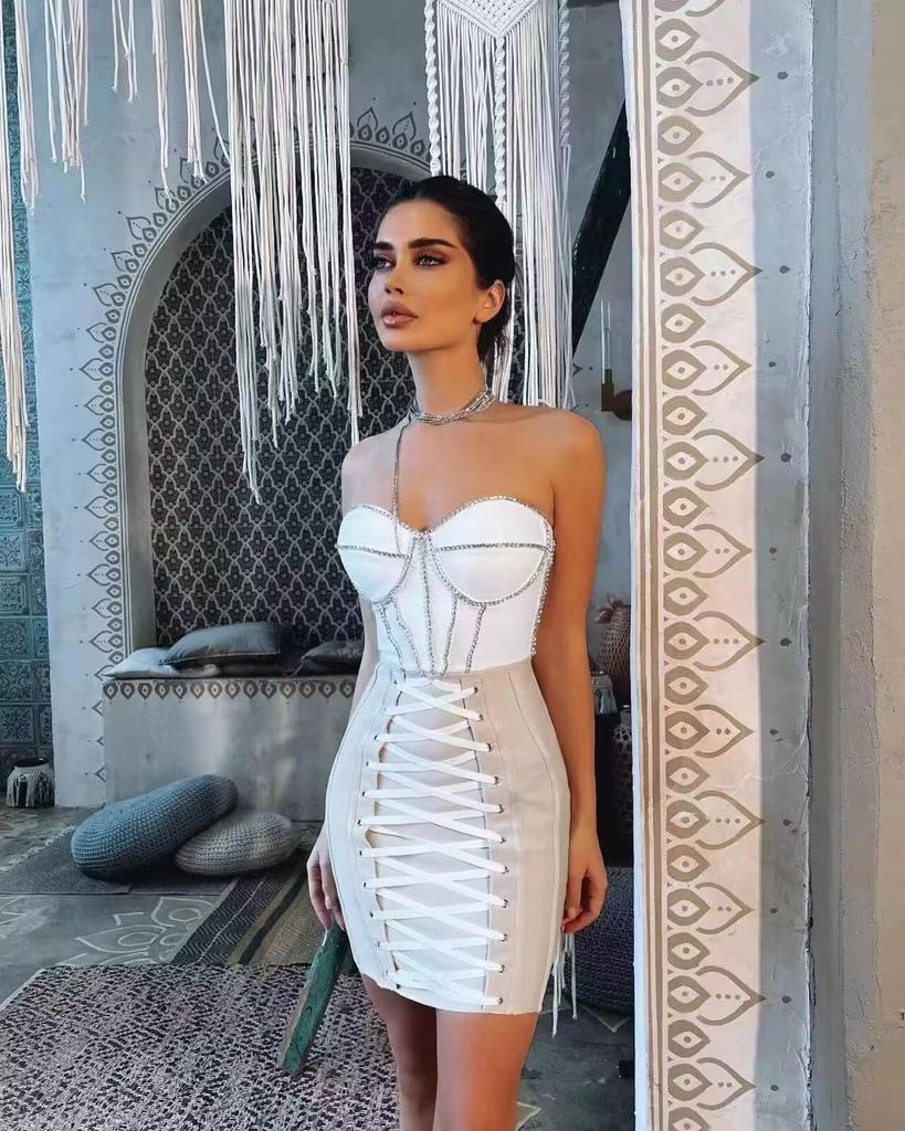 Rochie Roz Fără Bretele cu Șireturi din Dantelă Ajurată, Tricotată, Fără Spate, cu Bandaje