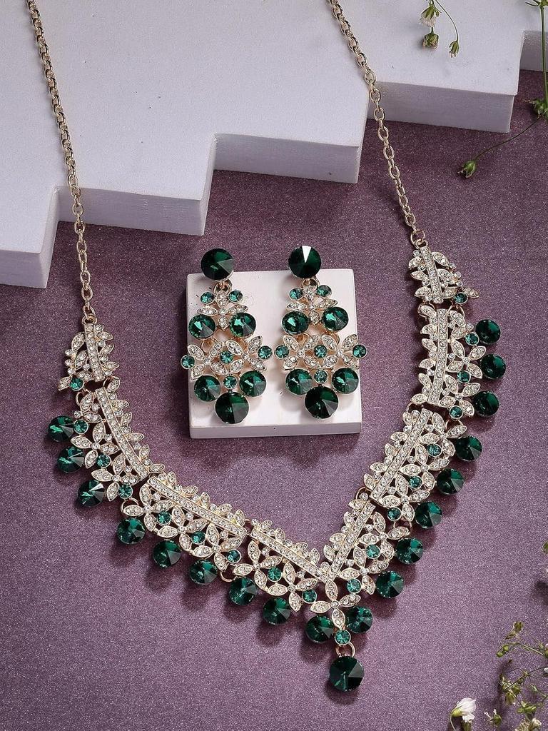 Inspiring Fashionable AD Stone Diamond Studded Gold Plated Green Choker Necklace with Dangle Earring Jewellery Set