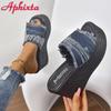 Fashion Aphixta 3.54 Inch Platform Women's Slides Denim Cotton Fabrics Shoes Slippers Jean Wedge Heel Beach Plus Size 42 43
