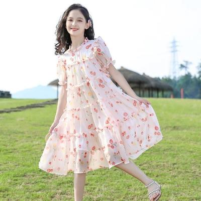 Sladké květinové šaty pro dívky, letní dětské šifonové princeznovské šaty