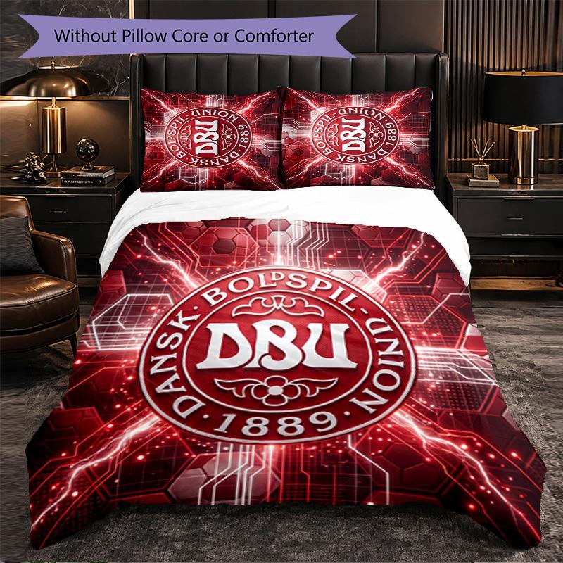 Denmark Football Pattern 3 Pieces Bedding Set Soft Microfiber Duvet Cover with Pillow Cases for Bedroom