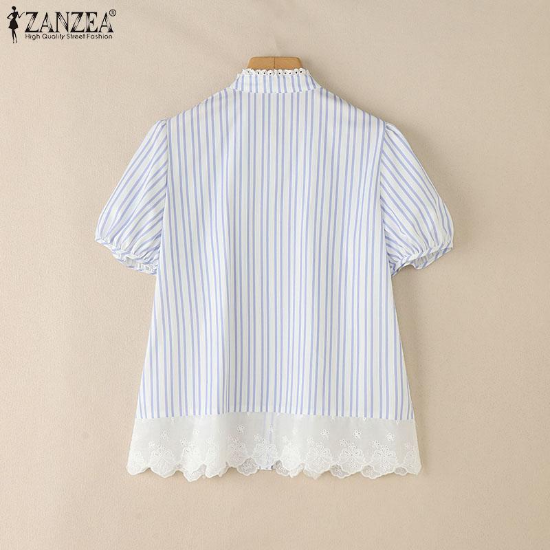ZANZEA Women Casual Turn Down Collar Short Sleeve Lace Splice Stripe Blouse