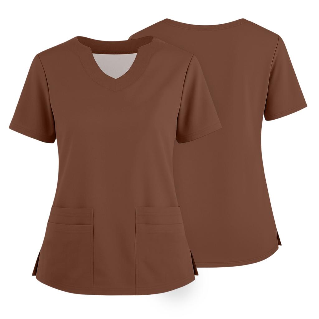 Women's Short Sleeved Solid Color V-neck Buttonable Side Slit Top T-shirt
