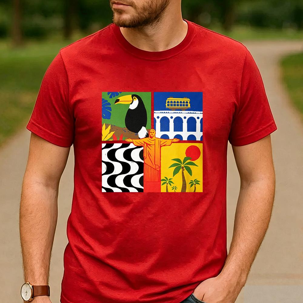 Rio de Janeiro Four Panel Pop Art Cotton T Shirt Brazil Toucan Christ the Redeemer Beach Graphic Unisex Unisex Unisex Streetwear Tee