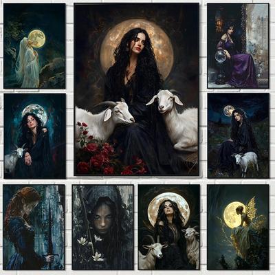 Estilo Victoriano Bruja Diosa Luna Academia Oscura Retro Pósters Impresiones Pintura Lienzo Cuadro de Pared Sala de Estar Decoración del Hogar