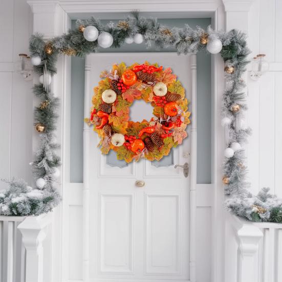Yousheng 18 Inch Fall Wreath for Front Door Autumn Artificial Wreath with Pumpkin Maple Leaves Berries Pine Cones for Thanksgiving Harvest Indoor