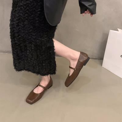 Ladies Spring Square Head Flat Bottom Mary Jane Shoes Youth Solid Color Shallow Mouth Pu French Single Shoes