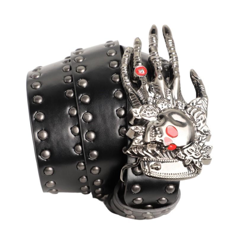 Women's and Men's Punk Skull Belt Harajuku Gothic Y2K Rivets Skeleton Hand Buckle PU Leather Belts Fashion Halloween Accessories